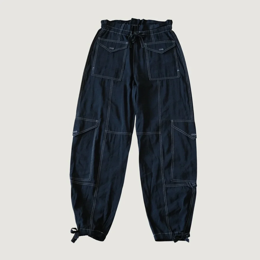 Ganni Wide-Leg Drawstring Cargo Pants Black Contrast Stitch Size 34 Utility